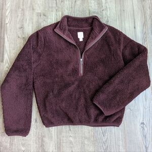 Plush Quarter Zip Teddy Jacket Faux Fur Pullover Sweater Burgundy
